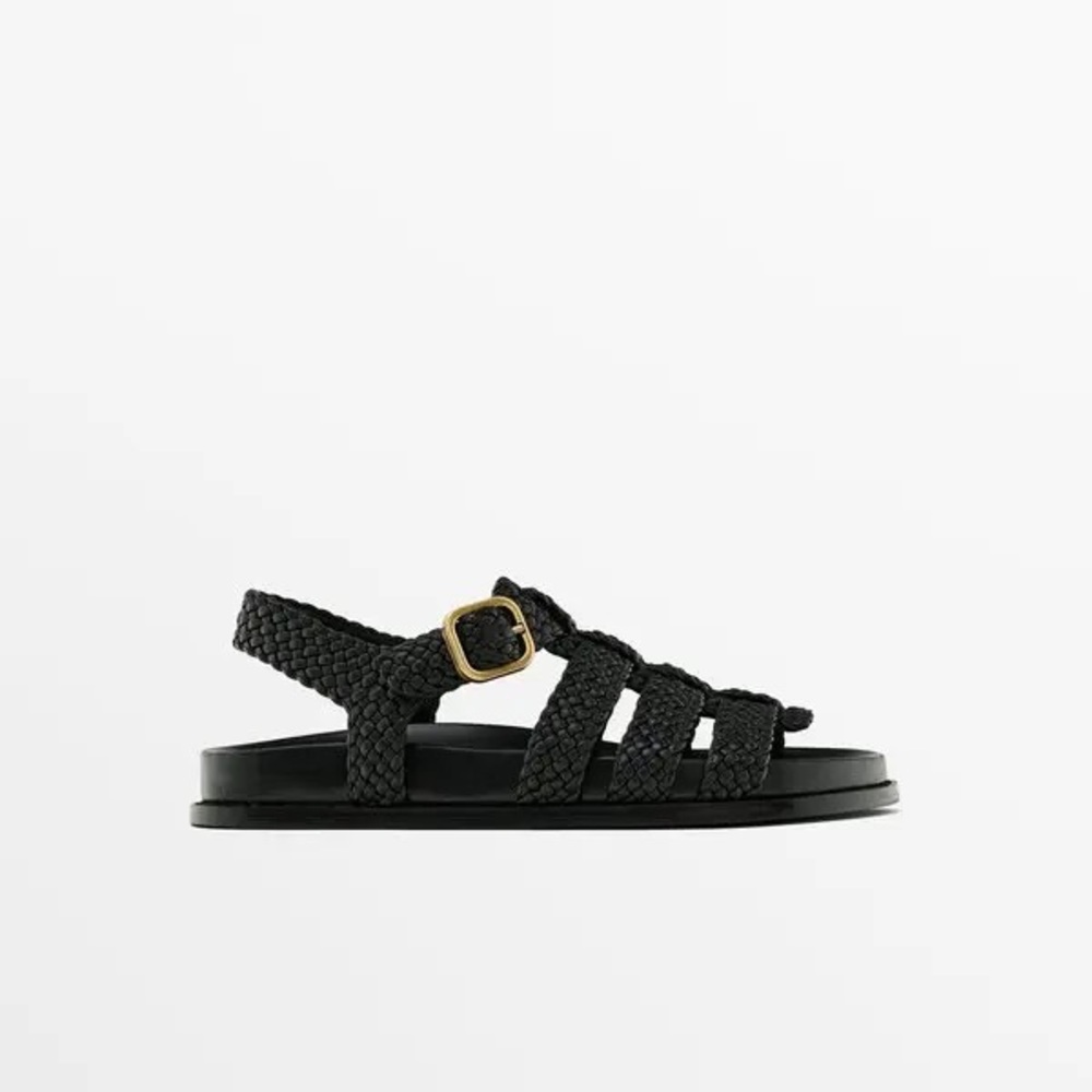Woven Strap Black Women’s Sandals with Gold Buckle - Picture 2 of 9